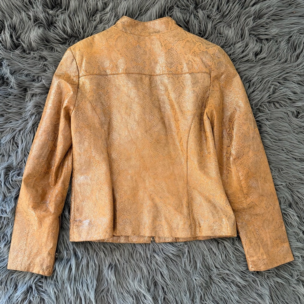 Vakko VS2 Metallic Gold Leather Moto Jacket Brown Printed Size 8 - Picture 3 of 9